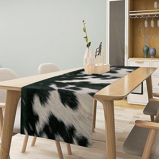Cow Skin Print Table Runner, Rustic Country Farm Fur Skin Cowhide Pattern Western Style Black White Print Table Runner for Home Kitchen Dinning, 13x60 Inch