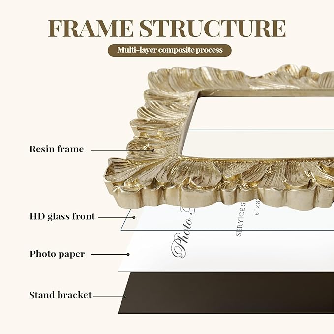 Cuspin 6x8 Picture Frame Vintage Gold Frames, Gold Palm Leaves Textured Hand-Crafted Resin Frames with Glass Front, Elegant Retro Decorative Photo Frame for Wall and Tabletop Display Home Decor
