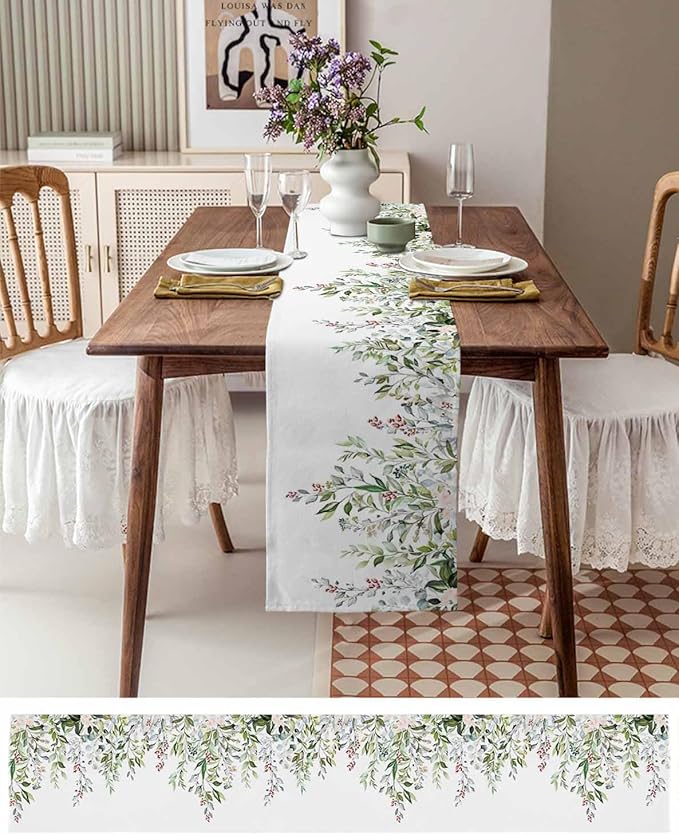 Botanical Eucalyptus Cotton Linen Table Runner for Dining Kitchen, Wedding Outdoor Party Tablerunners Decoration, Sage Green Leaves Elegant Floral Dresser Scarf Coffee Tablecloth Runners 13x60 Inches