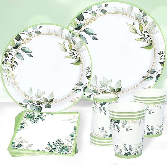 Green Party Plates Supplies, Sage Green Paper Eucalyptus Leaf Plates and Napkins, Disposable Tableware, Cups, Napkins for Jungle Boho Party,Baby Shower, Bridal Shower, Birthday Supplies Serve 24