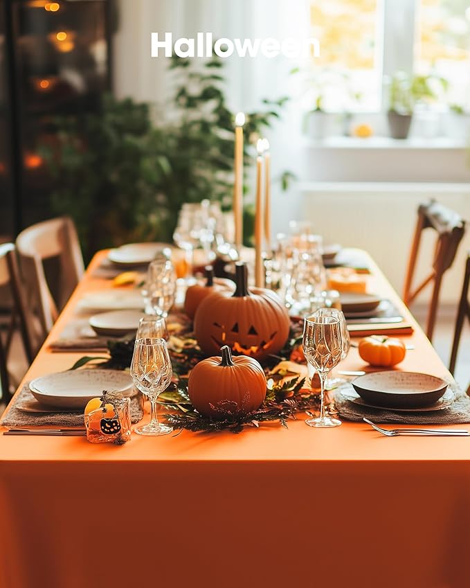 Pureegg Plastic Table Cloth Disposable 10 Pack, 54 x 108 Inch Table Cloths, Halloween Party, Thanksgiving Decorations, Harvest, Fall Tablecloths, Rectangle Tables, Leakproof & Sturdy, Orange