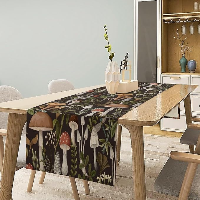 Mushroom Table Runner,Retro Forest Wildflower Botanical Plants Flower Art Pattern Print Burlap Hotel Indoors Outdoor Dining Room Kitchen Holiday Party, 13x70in