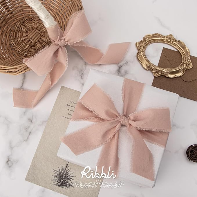 Ribbli 3 Rolls Pink Ribbon 1.5 Inch x 18Yards Ivory Blush Dusty Pink Handmade Cotton Frayed Fringe Ribbons for Gift Wrapping Wedding Invites Bridal Bouquets Baby Shower DIY Crafts Home Decor