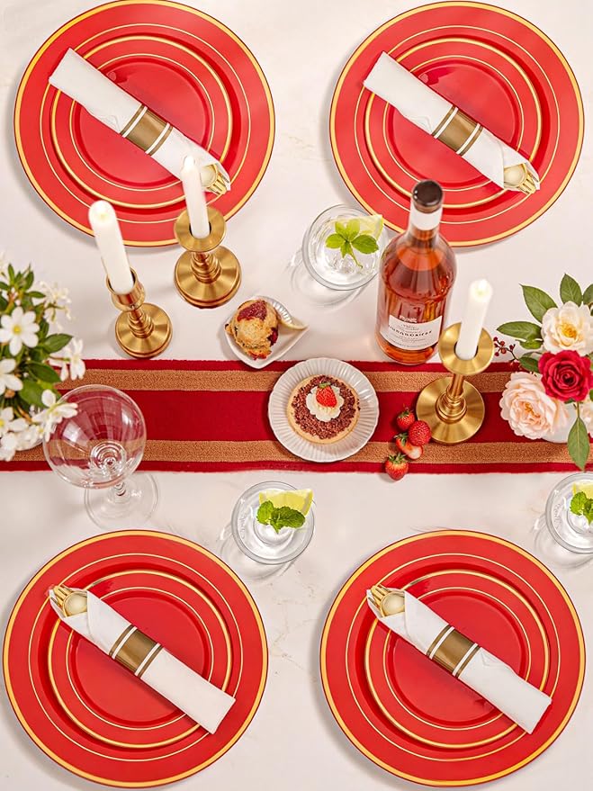 175 Pieces Christmas Plastic Plates - Red Plastic Plates with Gold Rim Include 25 Dinner Plate 10”, 25 Dessert Plate 7”, 25 gold Cups 9 OZ, 25 Pre Rolled Napkins for Christmas/Party