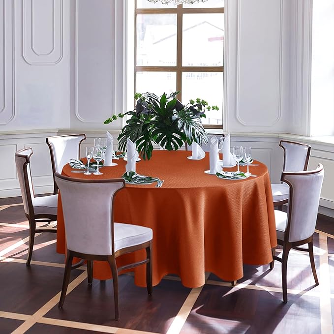 Biscaynebay Fall Tablecloth Textured Fabric Round Tablecloths 70", Rust Thanksgiving Autumn Harvest Water Resistant Fabric Tablecloths for Kitchen, Dining, Wedding, Parties Machine Washable