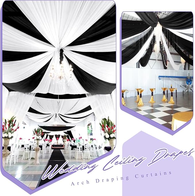 8 Panels Black Ceiling Drapes for Wedding 5ftx20ft Sheer Drapery Chiffon Fabric Arch Draping Curtains for Party Ceremony Birthday Baby Shower Reception Stage Ceiling Decorations