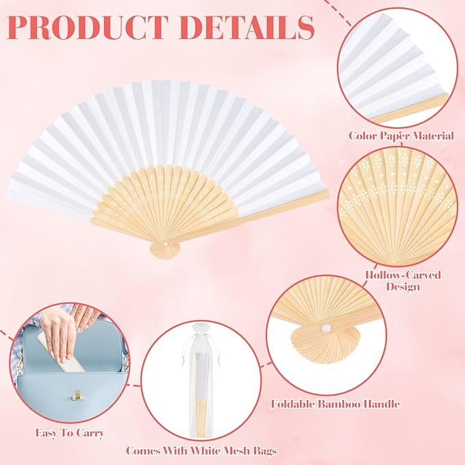 24 Pieces White Hand Held Bamboo Folding Fans Paper Fans Handheld for Women Foldable Girls Wedding Decoration Church Home Party Favors Summer