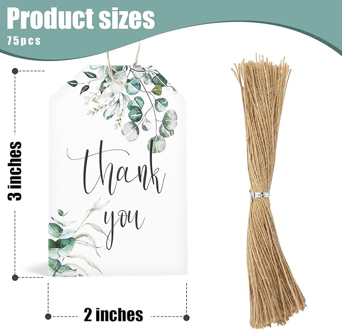 SallyFashion 75PCS Thank You Gift Tags 2x3 inch Kraft Paper Tags with String Attached for Wedding Birthdays Party Gift Baby Shower Bridal Shower