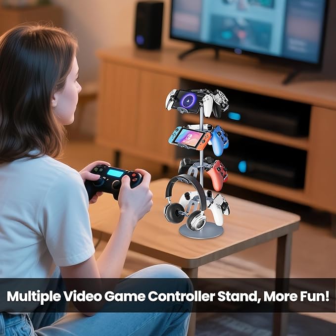 4 Tier Aluminum Alloy Game Controller Stand, Rotatable Gaming Controller Headset Holder Compatible with PS5 Xbox Nintendo Switch PS4, Controller Headphone Stand Organizer Rack for desk, Grey
