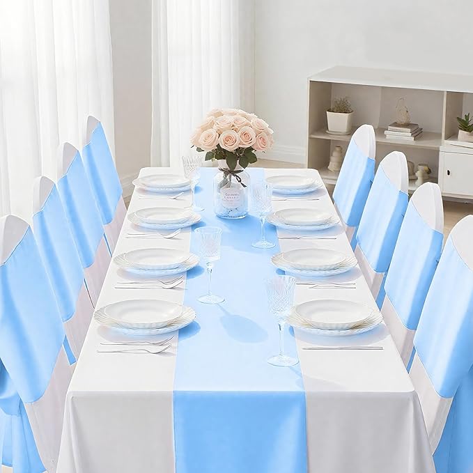 SHEJIZE 10 Pack Light Blue Satin Table Runner 12x108 Inches Long, Bright Silky Smooth Satin Table Runner Table Decor for Wedding Banquet Christmas Prom Event Birthday Party