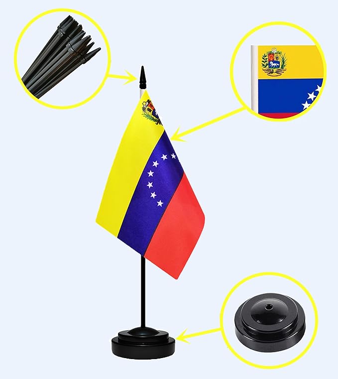 Venezuela Venezuelans Deluxe Desk Flag Set, Small Mini Miniature Venezuela Venezuelans Table Desktop Flags With Solid Pole, Black Base and Spear Top(2 Pack)