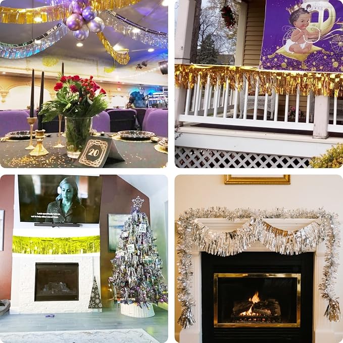 6 Pack Black Total 60 Feet Foil Fringe Garland Metallic Tinsel Banner Wall Hanging Drapes Parade Float Skirting Decorations for Trailer Mardi Gras Party Birthday Wedding (Black)