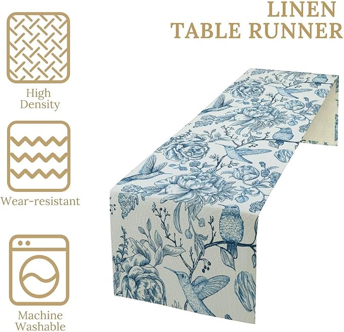 Blue White Table Runner Retro Monochrome Sketch Birds Flower Vintage Floral Kitchen Dining Table Decoration for Home Party Holiday 13"x36"
