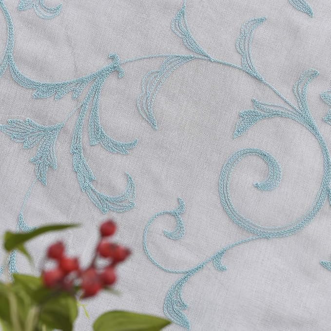 Embroidery Blue Sheer Curtains 84 Inches Long, Rod Pocket Sheer Drapes for Living room, Bedroom, 2 Panels, 52"x84", Vintage Semi Crinkle Voile Window Treatments for Yard, Patio, Villa, Parlor.