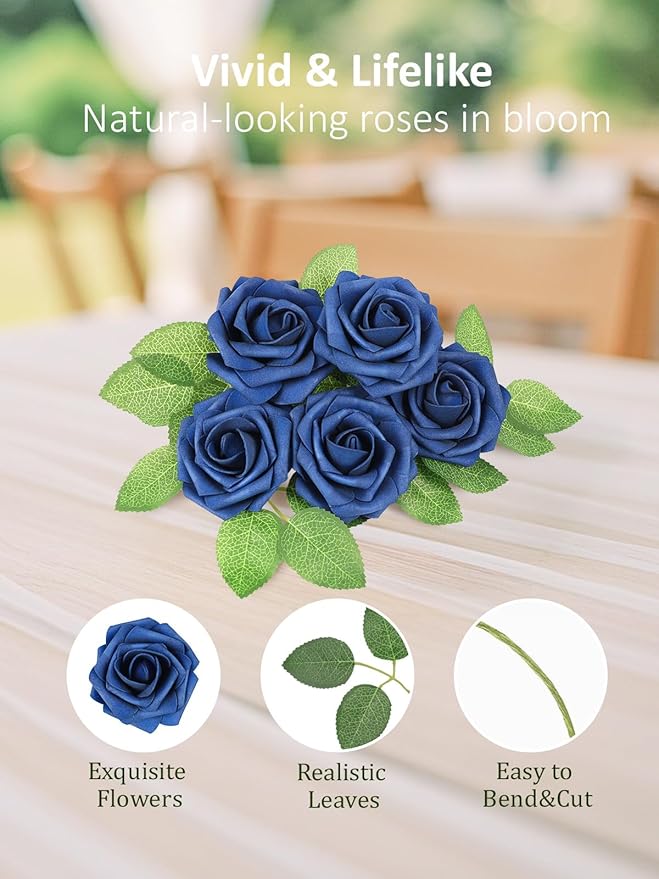 N&T NIETING Artificial Flowers Roses 25Pcs Fake Flowers Foam Roses with Stems for Halloween DIY Wedding Bridesmaid Bridal Bouquets Centerpieces Party Home Decoration Baby Shower, Navy Blue