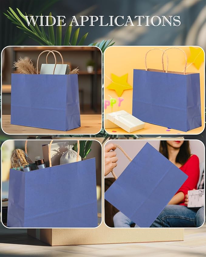 qiqee 100PCS Large Gift Bag with Handles Bulk 13"x4.5"x10" Gift Bags Kraft Deep Blue Multiple Uses (32x11x25cm,Wide Large)