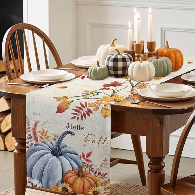 Thanksgiving Fall Cotton Linen Table Runner for Dining Kitchen, Blue Pumpkins Rustic Wedding Outdoor Party Autumn Tablerunners Decoration, Leaves Dresser Scarf Coffee Tablecloth Runners 13x90 Inches