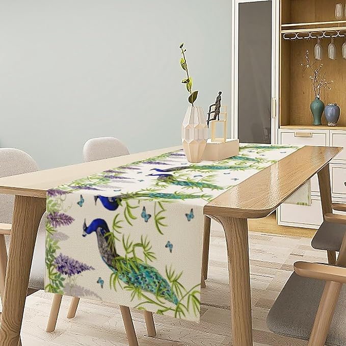 Peacock Table Runner,Spring Plant Butterfly Print Seasonal Table Runner for Home Kitchen Dining Party Indoor Outdoor Decoration 13x36 Inch