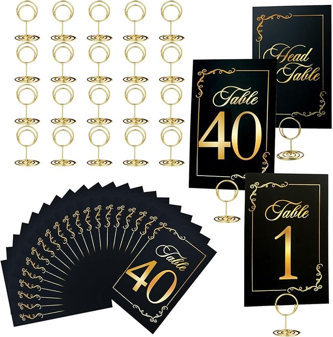 Wedding Table Numbers 1-40 and Head Table Card, Black Gold Cards with 41 Gold TableNumber Holders for Wedding Reception