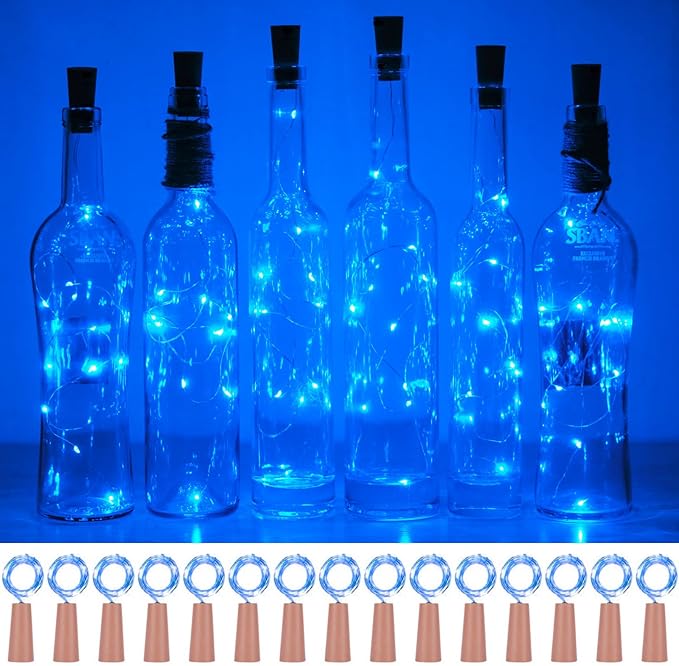 Wine Bottle Lights with Cork 15Pack 10 LED 40 Inches Battery Operated Silver Wire Liquor Fairy Mini String Lights for Party Christmas Halloween Wedding Decoration (Blue)