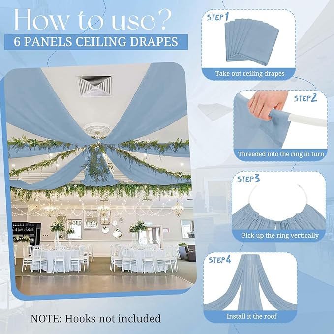 6 Panels Dusty Blue Ceiling Drapes for Wedding, 5ftx40ft Ceiling Drapes Cheesecloth Sheer Fabric Curtain Wedding Arch Draping Fabric Romantic Ceilings Decorations for Weddings Party Ceremony Stage