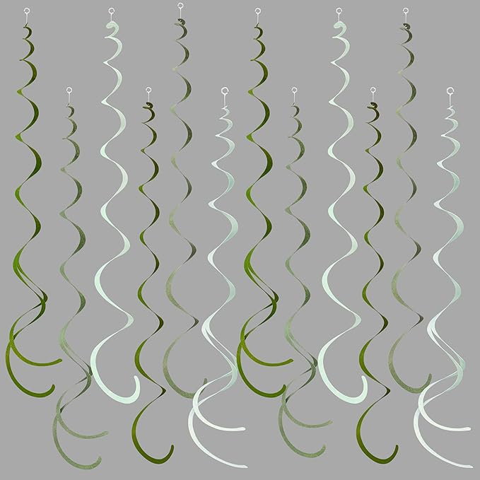 36Pcs Olive Green Hanging Swirl Decorations Ombre Sage Green Felt Swirl Streamer Spiral Ceiling Garland for Neutral Baby Shower Birthday Wedding Engagement Safari Jungle Woodland Party Supplies