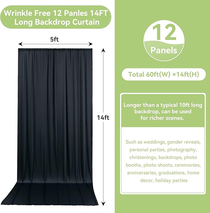 60ftx14ft Wrinkle Free Black Backdrop Curtain, 12 Panels 14FT Height Black Wedding Backdrop Drapes, Silky Polyester Back Drop Cloth for Birthday Photography Background Party Backdrop Draping
