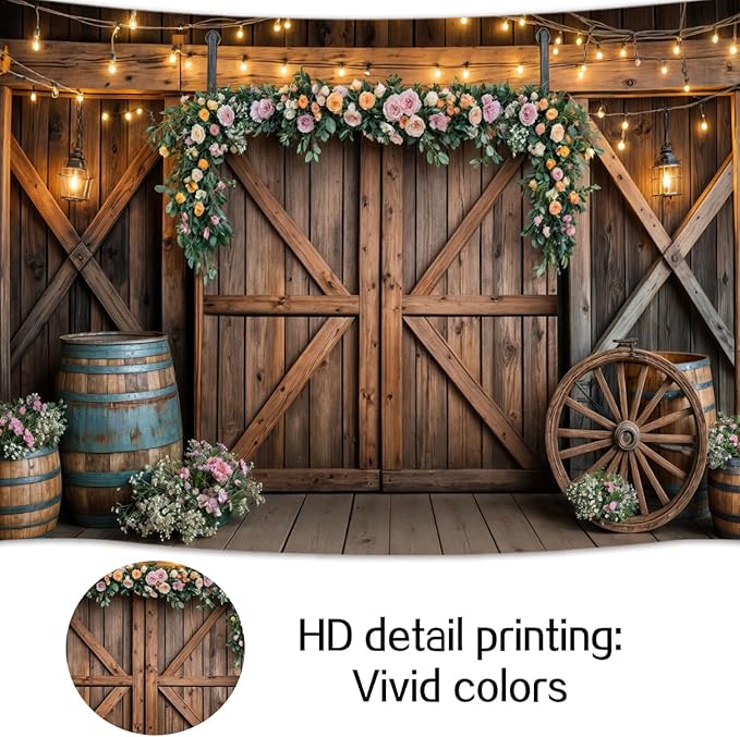 6x6ft Country Wedding Photography Backdrop Rustic Barn Door Photography Backdrop Farmhouse Pink Flower Cabin Wooden Birthday Baby Shower Wedding Bridal Party Banner Photo Booth Props Background