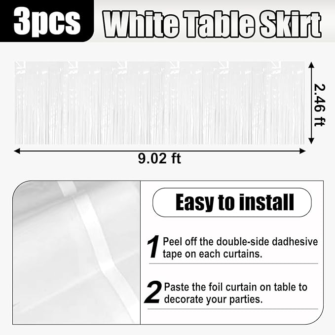 3 Pack 29x108 Inch Macaron White Foil Fringe Table Skirts Metallic Banner for Tinsel Streamer Garland Backdrop for Parade Floats Wedding Thanksgiving Birthday Christmas Halloween Party Decoration