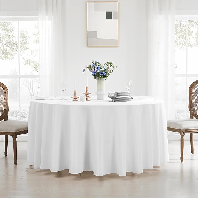 Round Tablecloth 132 Inch 6 Pack White Tablecloths Washable Decorative Linen Polyester Table Clothes Cover for Dining Table Banquets Buffet Parties and Wedding