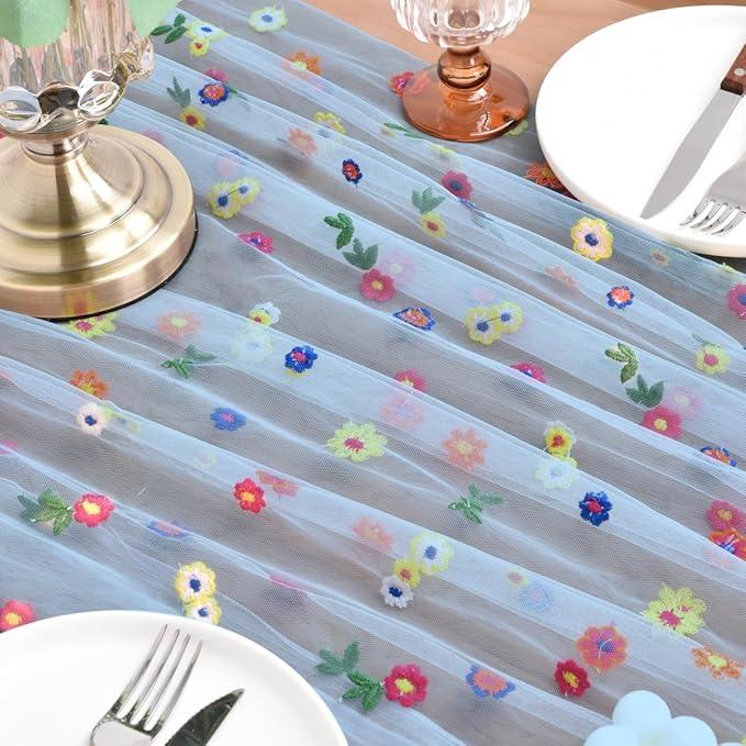 Joanlody 3pcs Blue Embroidery Daisy Fall Thanksgiving Table Runner Florals Seasonal Tulle Table Runner Holiday Kitchen Dining Table Decoration Wedding Party