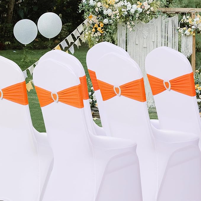Howhic Pack of 120 Spandex Chair Sashes Bows Stretch Chair Cover Band with Buckle Slider Universal Elastic Chair Ties for Wedding Banquet Party Event Decoration (Orange)