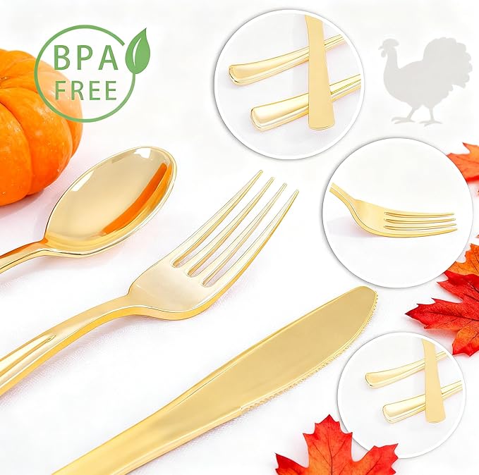 WDF 160 Piece Gold Plastic Silverware - Heavy Duty Gold Silverware Includes 80 Forks, 40 Spoons, 40 Knives, Plastic Utensils Perfect for Wedding, Thanksgiving Party