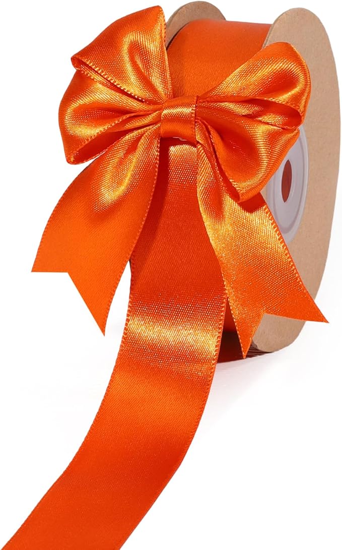 LaRibbons Orange Satin Ribbon 1 Inch 50 Yards Luxury Double Faced Russet Orange Silk Ribbon for Flower Bouquet Crafts Gift Wrapping Wedding Fall Decoration