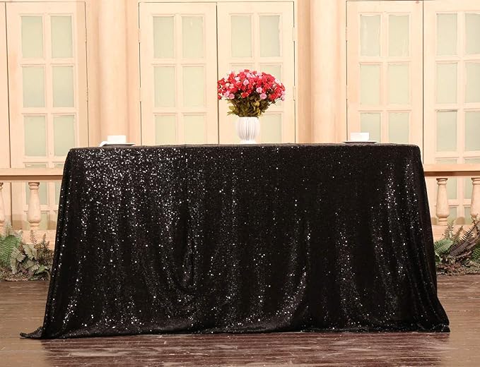 SquarePie Sequin Tablecloth 90 x 132 Inch Black Sparkly Table Linen for Halloween Wedding Party