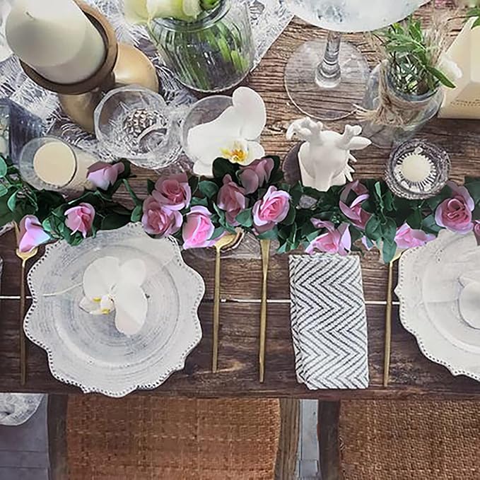 2 Pack Artificial Rose Vine Garland Fake Roses Flowers Plants Vines Hanging Floral Leaves Decoration for Wedding Party Table Garden Arch Wall Home Room Decor(Pink)