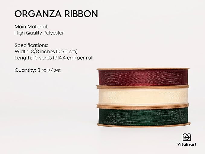 Vitalizart 3/8" x 30Yd Organza Ribbon Christmas Sheer Ribbons Set 10 Yd x 3 Rolls Red Green White Handmade Eco-Friendly for Christmas Gift Wrapping Tree Decor Bows Wreaths