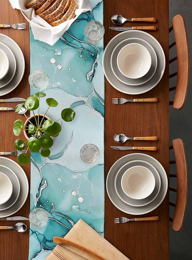 Turquoise Marble Cotton Linen Table Runner for Dining Kitchen, Wedding Outdoor Party Tablerunners Decoration, Nature Marble Crack Country Retro Dresser Scarf Coffee Tablecloth Runners 13x90 Inches