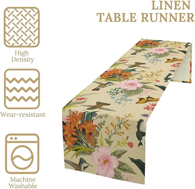 Brown Bird Floral Table Runner Spring Flower Kitchen Table Decoration Suitable for Family Dinner Decoration 13x108 Inch