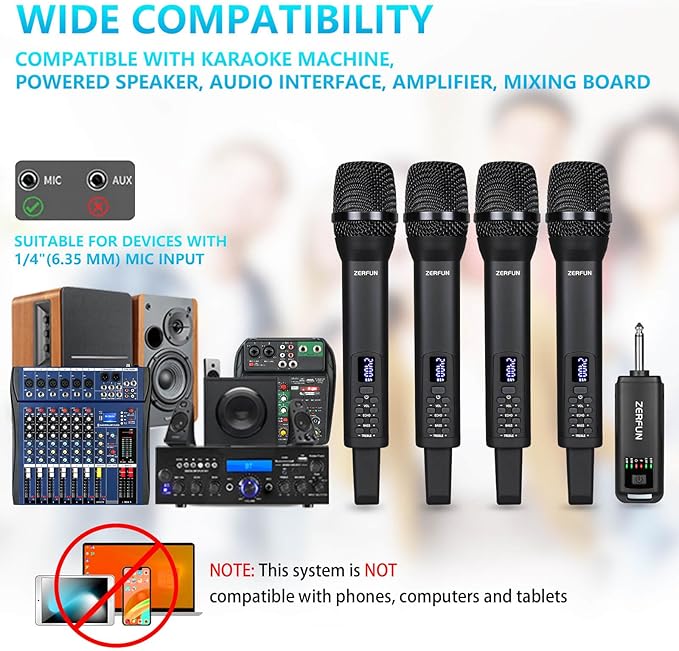 4 Rechargeable Wireless Microphones, Pro Handheld Cordless Mics System with Echo Treble BASS VOL Control for Karaoke Singing Church Party, 1/4'' Output, Black