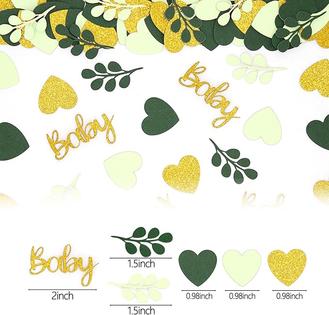 200PC Sage Green Baby Shower Confetti Green Gold Glitter Heart Table Confetti for Greenery Gender Neutral Baby Shower Decorations
