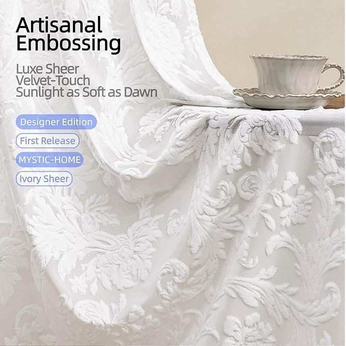 Sheer White Curtains for Bedroom Living Room Boho 63 Inches Rod Pocket Farmhouse Drapes with Floral Patterned Vintage 3D Flocked Texture & Rococo Motifs Window Curtains Set of 2 Panels, 52"W*63"L