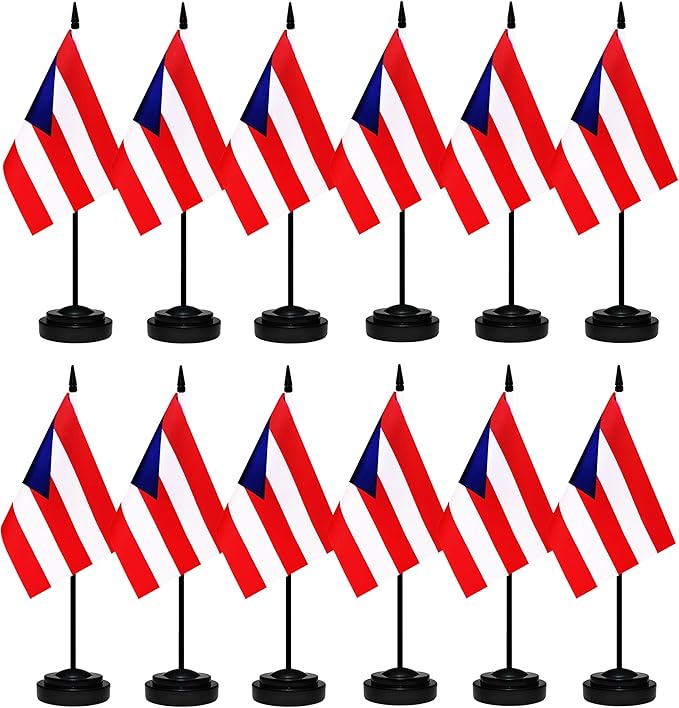 12 Pack Puerto Rico Desk Flags Set, Puerto Rican Small Mini Table Office Flags with 12" Solid Black Pole, 8.2 x 5.5 Inches, Home and Office Decoration, Festival Celebrations