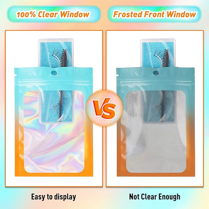 Funfery 100 Pack Gradient Holographic Bags,Resealable Mylar Bags with Zipper,Clear Window Packaging Pouch,Foil Smell Proof Bags for Food Storage,Sample Jewelry Baggies(3×4.7in,Blue Orange)
