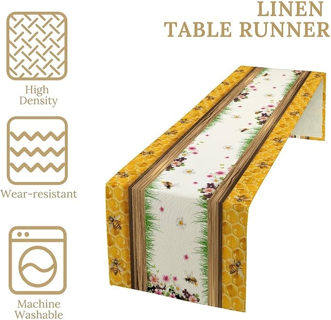 Watercolor Honeycomb Table Runner, Farmhouse Spring Summer Autumn Fall Floral Daisy Bee Print Kitchen Dining Table Decoration for Home Party Decor, 13x90inch