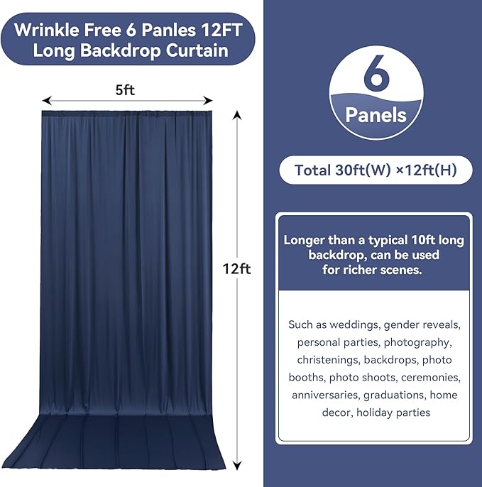 30ftx12ft Wrinkle Free Navy Blue Backdrop Curtain, 6 Panels 12FT Height Navy Blue Wedding Backdrop Drapes, Silky Polyester Back Drop Cloth for Birthday Photography Background Party Backdrop Draping