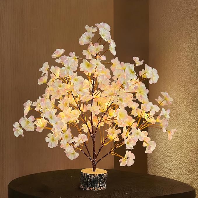 19Inch Cherry Blossom Tree Light, Lighted Artificial Tree with Pink Silk Flowers, 49 Fairy LEDs, Battery Operated Lamp with Timer for Summer Wedding Decorations