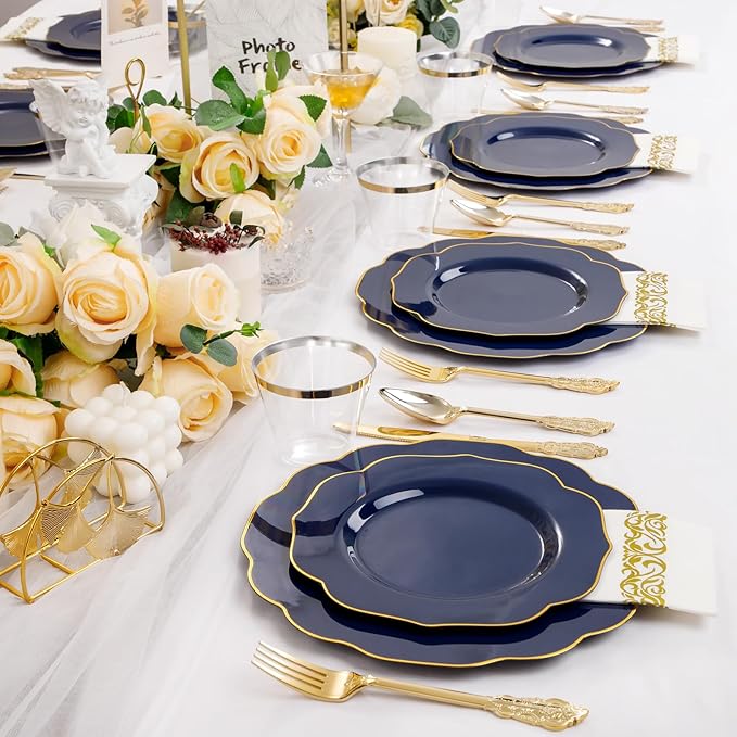 NOCCUR 175PCS Blue Plastic Plates with Disposable Silverware - Include 50 Blue Disposable Plates with Gold Rim,75 Gold Cutlery,25 Cups,25Napkins for Party/Hanukkah/Thanksgiving