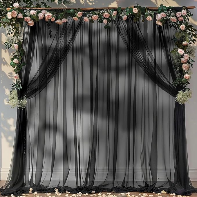 10ft X 10ft Black Sheer Backdrop Curtain for Parties, Tulle Sheer Fabric Backdrop Curtain Drapes for Baby Shower Birthday Party Photo Shoot Halloween Decorations