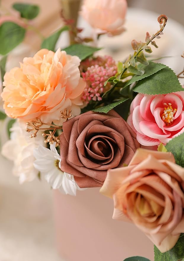 SERRAFLORA Artificial Flowers Combo Box Set Faux Flowers Bulk Flower Leaf with Stems for DIY Wedding Bouquets Centerpieces Baby Shower Party Home Decorations(Champagne Pink)